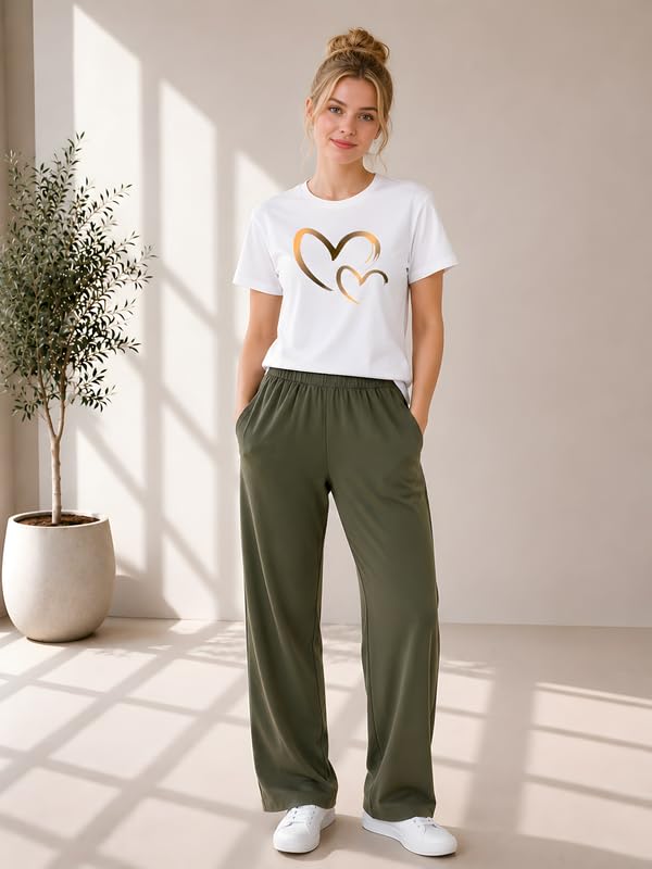 Image of ELVIA Women's Pure Cotton Top and Pyjama Co-Ord Set | Double Heart Graphic Printed Night Suit | Regular Fit Half Sleeve Round Neck T-Shirt with Pajama Sleepwear Loungewear Set