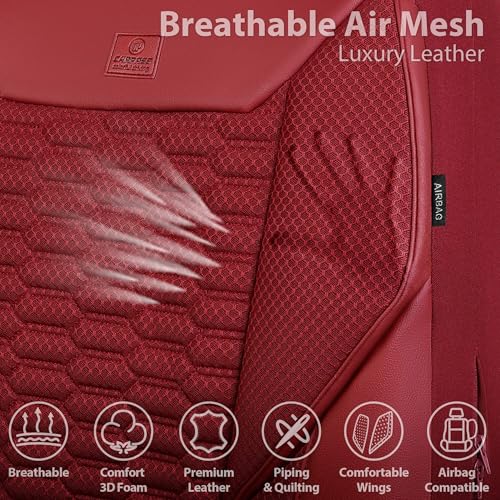 Image of CAR PASS 3D Foam Mesh Leather Seat Covers Full Set, Wine Red Breathable Mesh Faux Leather Seat Covers for Car, Universal Fit for SUVs Vans Sedan Trucks Automotive,Armrest Airbag Compatible, Burgundy