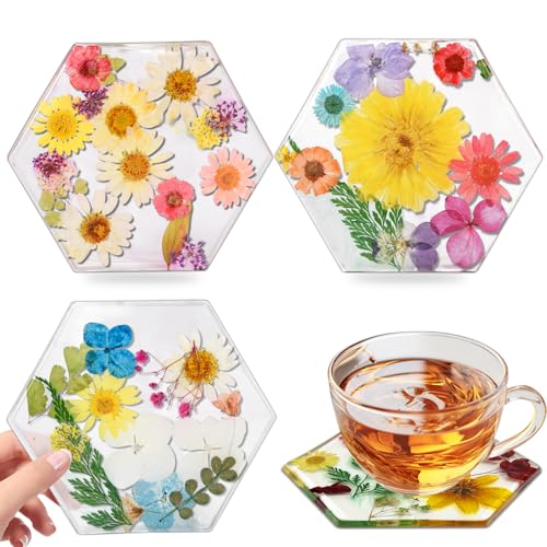 Drink Coasters Set of 8: Hexagon Resin Coaster - Flower with Gold foil Crystal Coasters for Desk (8, Colorful Flower)