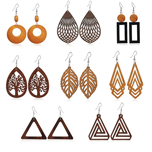 Endientes de Joyería de Madera Natural, 8 Pares Pendientes Africanos para Mujer, Pendientes Colgantes de Etnica, Aretes Colgantes Bohemios, Pendientes Colgantes de Madera para mujer Cover