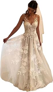 Women Wedding Dresses A-line V-Neck Tulle Lace Backless Boho Wedding Gown Bridal Dresses - Buy now