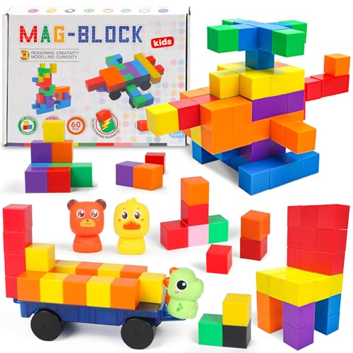 LONEEDY - Juego de 60 Bloques de construcción magnéticos con Figuras de Animales y Carrito magnético - Juguete Educativo Stem para niños de 3 a 8 años (Mezcla de Colores - 60 PCS)