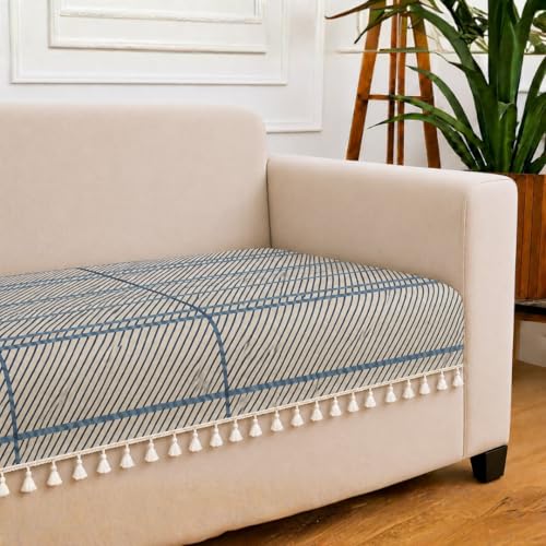 Image of STITCHNEST 'Frostvine Collection' 2 Seater Sofa Cover| Cotton Quilted Fabric, Decorative Tassels, Washable & Durable for Modern Living