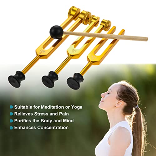 Tuning Fork Set(128Hz, 256Hz, 512Hz), Tuning Fork Medical Healing Instrument(Pack Of 3) For Chakra, Sound Therapy, Sonic Slider Fork With Hammer, Storage Bag And Cleaning Cloth(Gold) #TOP4