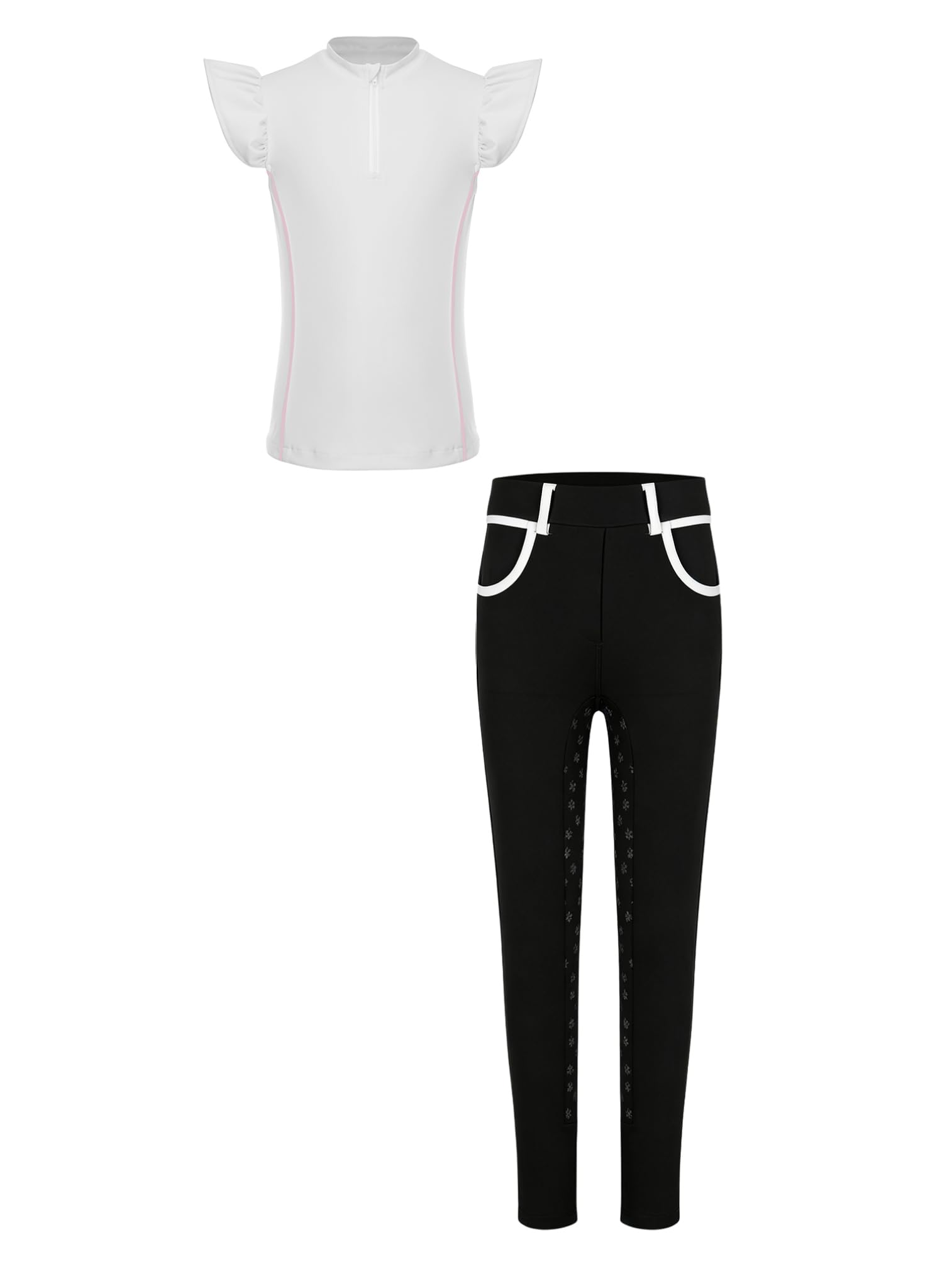 ranrann Niña Conjunto Deportivo Leggings Equitación Traje Gimnasia Deporte Blanco Negro 15-16 años
