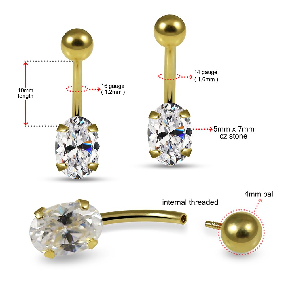 Piercing para ombligo de oro amarillo macizo de 14 quilates con circonita cúbica ovalada, calibre 16, joyería para ombligo, joyería para ombligo, anillos curvados de oro, 16 Gauge (