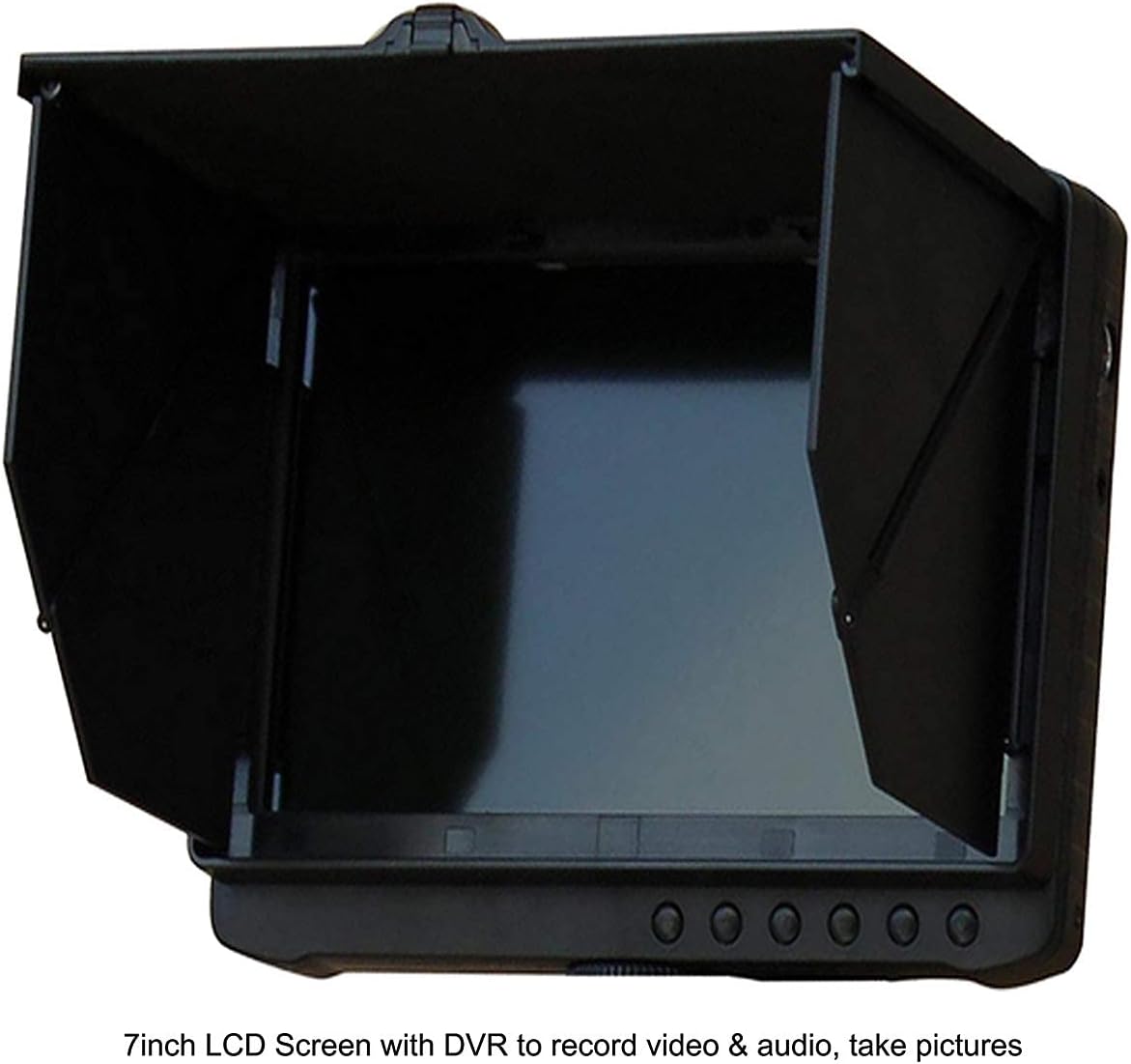 The 7-inch LCD screen of the Vividia TVS-507, displaying a live feed and indicating DVR recording capabilities.