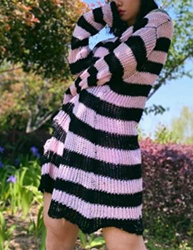 Zhiyouni Punk Gothic Sweater For Women Men Hollow Out Loose Knit Pullover Tops (Pink-M) #TOP5