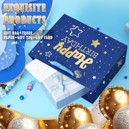 Image of 13 inch Black + Blue Happy Birthday Gift Bag with Tissue Paper and Greeting Card for Party,Happy Birthday Gift Bag for Men Women, Gift Bags Medium size(2 PCS Black & Blue)
