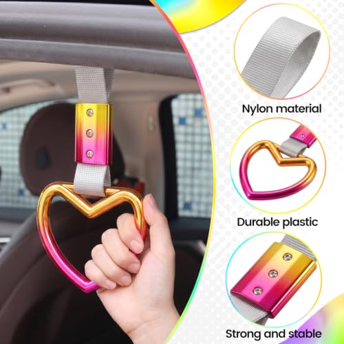 Image of 2PCS Heart Shaped Car Handle Straps, Rear Bumper Warning Keychain Ring for Car Exterior Accessories (Chrome Rainbow Heart - White)