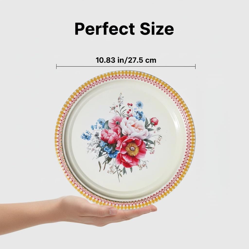 Metal Plate Set of 5 – Floral Decorative Pattern – Lightweight & Versatile Tableware (5-Pack)
