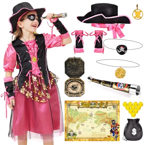 Joellfuner Traje de pirata para meninos, disfarce pirata menina, disfarce de pirata para meninas com bússola de telescópio, disfarce de pirata crianças para Halloween festa carnaval cosplay (S)