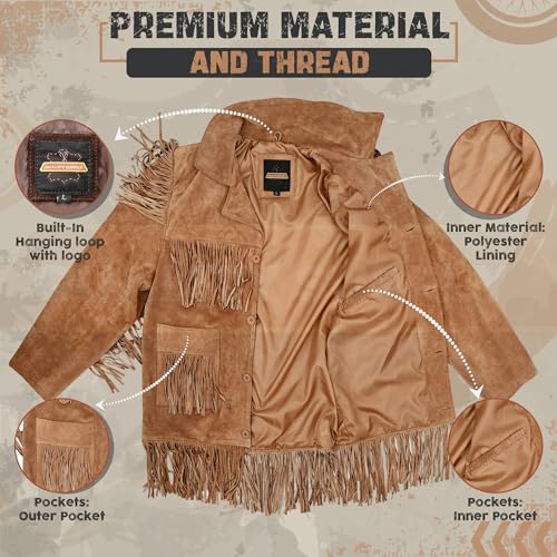Traditional Western Cowboy Jackets for Men | Native American Suede leather Overcoat with Fringes - Brown3