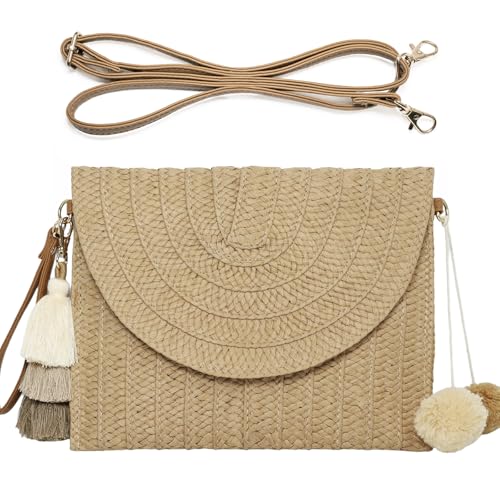 Straw Clutch Purse Women Handmade Straw Woven Tassel Pendant Crossbody Shoulder Bag Summer Beach Envelope Wallet Handbag (Green)