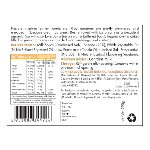 Image of Sprig Banana and Caramel Banoffee | Milk-based Sweet Spread| No Hydrogenated Vegetable fats | Breakfast Spread | Dessert Topping | No Artificial Flavours | 290g (Pack of 2)