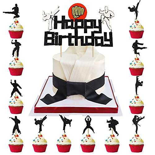49PCS Karate Cake Topper Kits with 1PC Happy Birthday and 48PCS Taekwondo Cupcake Toppers Picks for Boy Girl Black Belt Taekwondo Party Supply Martial Arts Kung Fu Theme Silhouette Black Decorations