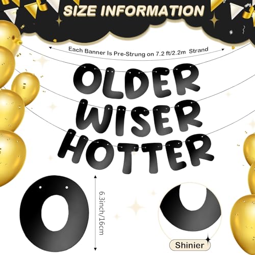 Image of Fulmoon Set of 3 Pre Strung Older Wiser Hotter Glitter Banner Funny Birthday Banner for Women 30th 40th 50th 60th 70th 80th Birthday Party Decorations Sign Gift(Bright Black)
