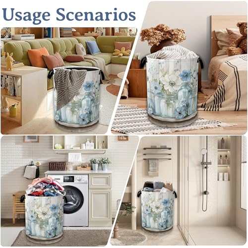 Image of Flowers Laundry Basket,Foldable Oxford Cloth Vintage Wooden Board Laundry Hamper with Handles, 20.8 inchx16 inch Tote Bag Clothes Storage Bucket for Laundry Room /Bathroom /Bedroom /Dormitories