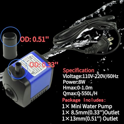 Image of Conquerall CHA-450 140GPH 550L /H AC 110V Submersible Pump 8W for Fish Tanks, Water Features, Ponds, Aquariums, Fountains, Statues, Backyard Fountains, Pump Hydroponics, and Pet Waterers