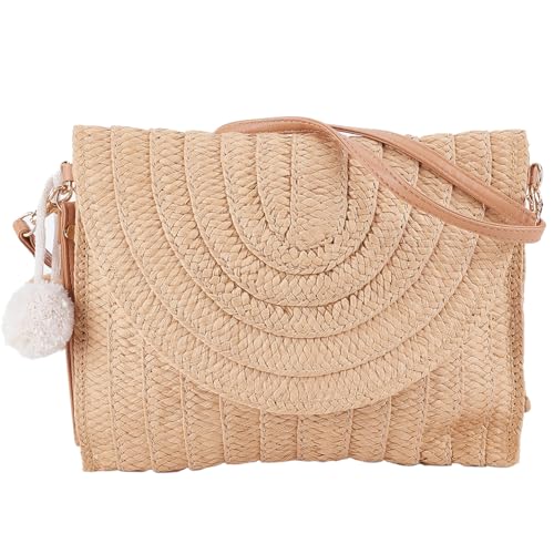 Image of GORGECFAFT Straw Shoulder Bag Straw Bag Clutch Crossbody Woven Wicker Clutch Bag with Two Balls Woven Purse Summer Beach Envelope Clutch Straws Wallet Rattan Bag for Women Travel Holiday