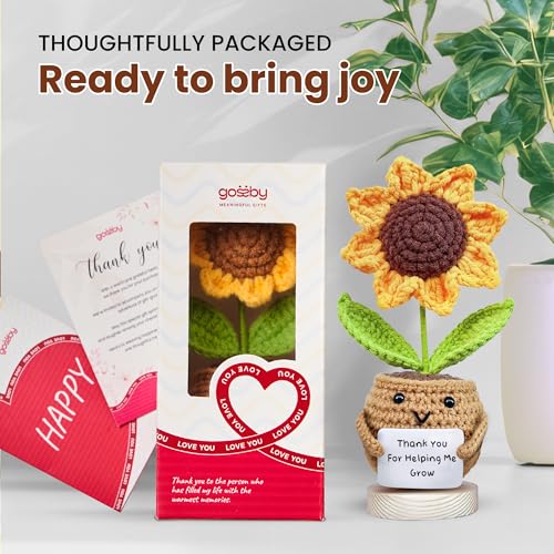 Image of Gossby Teacher Appreciation Gifts - Thank You for Helping Me Grow - Mother's Day, Birthday, Graduation, End of Year, Thank You, Teacher's Day Gift from Student - Handmade Positive Sunflower Crochet