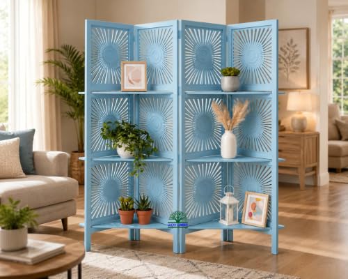 Image of Wooden Room Divider Partition with Display Shelves for Living Room | Foldable 4 Panel Decorative Privacy Screen Separator for Home, Office & Bedroom | (Sky Blue)