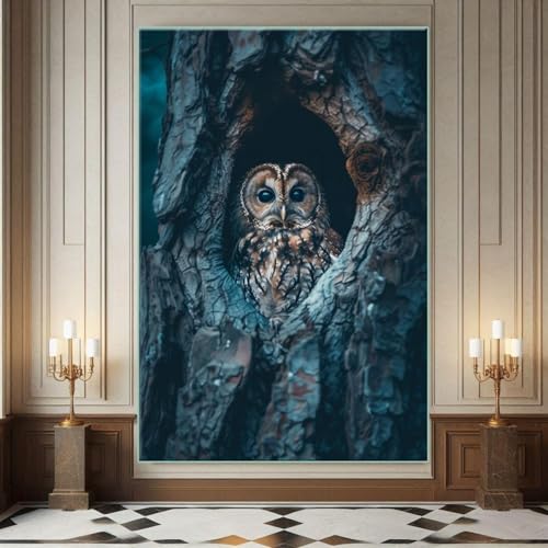 Tableau hibou oiseau sauvage vintage déco forêt toile sans cadre 50x75cm