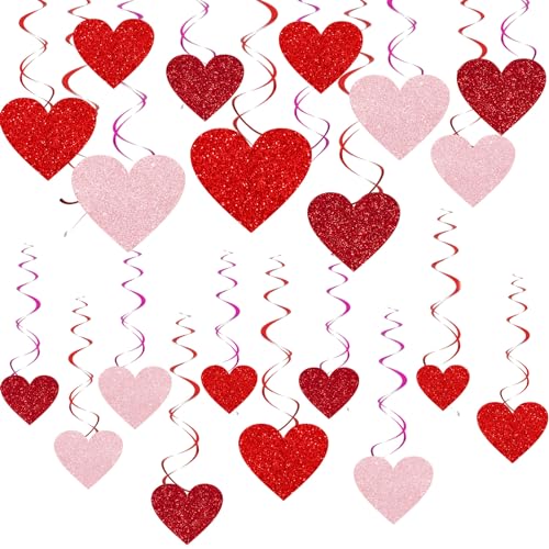 36Pcs Valentine Hanging Swirls Decor Glitter Heart Hanging Streamers Red Pink Cutout Cardboard Ornament Ceiling Spirals Love Heart Swirls Wedding Party Supplies Decorations, Anniversary Home Party