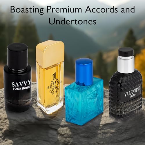 Image of Signature Scent 4-Piece Mini Fragrance Set for Men Includes Savvy /1 Billion /Verse /Valentine Collection of Woody, Spicy, Citrus & Aromatic Fragrance Non-Irritating Ingredient Each One in 30ml Bottle