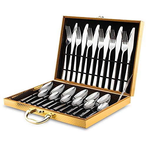 Cutlery Sets, 24 piece Stainless Steel Flatware Silverware Set For 6, Stainless Steel Utensils Include Knife/Fork/Spoon, Mirror Polished, Dishwasher Safe
