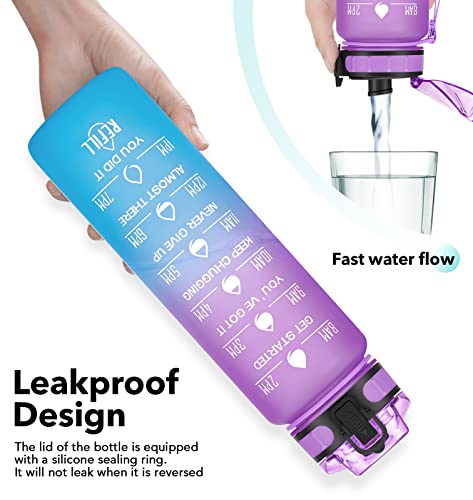 Image of 32oz Motivational Water Bottle with Time Marker & Fruit Strainer, Leak-proof BPA Free Non-Toxic 1l Bottle with Carrying Strap, Perfect for Fitness