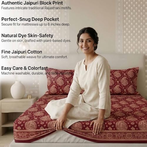 Image of VAS COLLECTIONS 180 TC Cotton Fitted Bedsheet Double Bed (72x78+8 Inches) with 2 Pillow Covers - Soft Breathable Skin Friendly Jaipuri Printed Elastic Fitted Bed Sheet, Wine