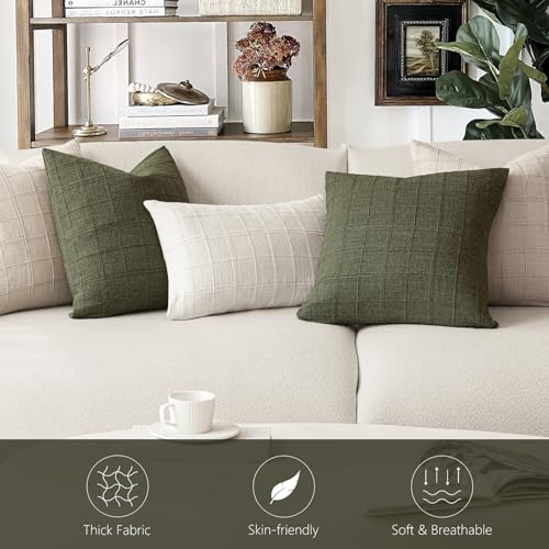 Image of Foindtower Set of 1 Decorative Linen Check Throw Pillow Cover Neutral Farmhouse Vintage Cushion Cover Modern Boho Home Decor for Sofa Chair Couch Bedroom Living Room,26x26 Inch,Olive Green