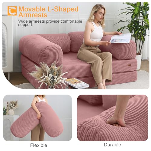 COMAX Folding Sofa Bed Queen, 4-in-1 Convertible Foldable Floor Couch Futon Sofa with Armrests, Sleeper Mattress Fold Out Chair Bed Comfy Portable Lounge Guest for Living Room Bedroom, Pink
