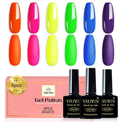 YSUVIN Smalto Semipermanente Neon, 6 Colori Arancione Barbie Rosa Verde Fluorescente Blu Neon Smalto Semipermanente Unghie, Soak Off UV/LED Lampada Smalto Per Unghie Diy Manicure Nail Art Set, 8ml