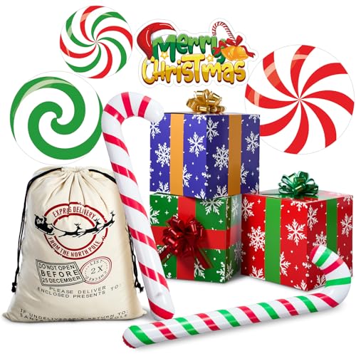Humyoun 10 Pcs Christmas Gift Boxes Decoration Christmas Photo Booth Props Gift Box with Ribbons Large Candy Cane Balloon for Xmas Party Decorations Home Xmas Box Decorations
