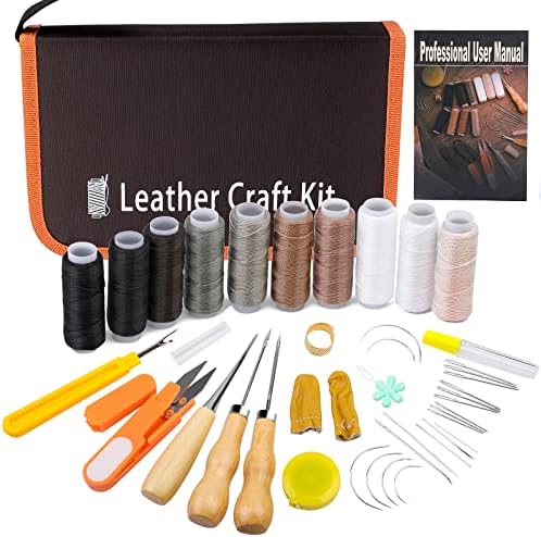 Leather Sewing Repair Kit , 42 Pcs Upholstery Thread and Needle, Leather Working Kit with Sewing Awl and Instruction, Sewing Thread for Leather Working and Leather Craft DIY