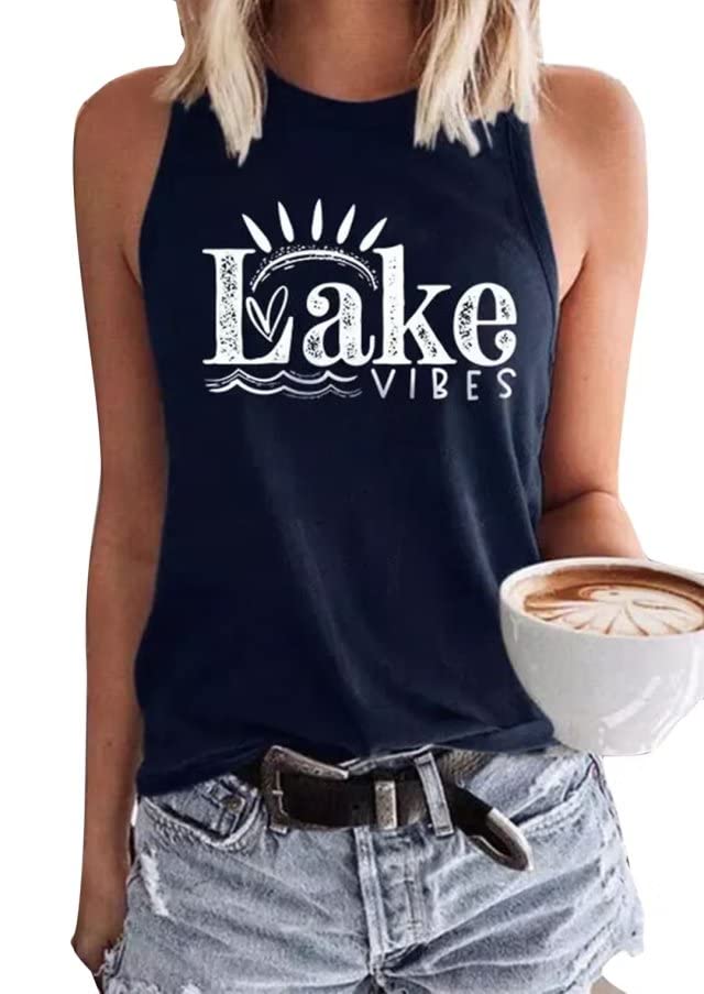 Lake Life Tank Tops Women Casual Summer Sleeveless Graphic Vacation Holiday Tank Vest Shirt Funny Lake Lover Tee Tops (X-Large Blue)