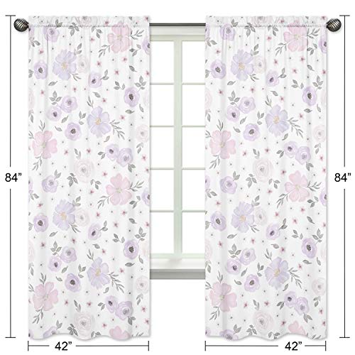 Image of Sweet Jojo Designs Lavender Purple, Pink, Grey and White Window Treatment Panels Curtains for Watercolor Floral Collection - Set of 2 - Rose Flower