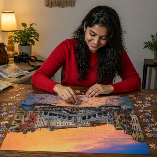 Image of World Wonders Series 2-in-1 252 Piece Jigsaw Puzzle Combo Pack - Cinque Terre & Italy & Sunset Rialto Bridge Venice Scenic Landscape Puzzles | Focus, Relaxation & Family Activity Gift Set