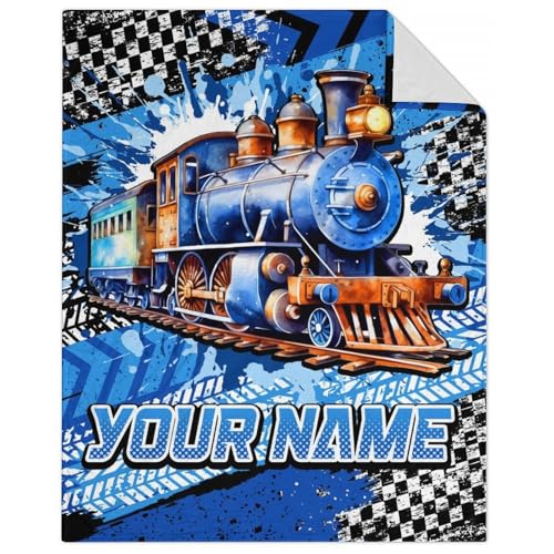 GiftoFLUX Custom Kids' Train Blanket - Personalised Fleece Throw for Boys, Unique Gift for Toddlers, Soft and Cozy in 4 Sizes