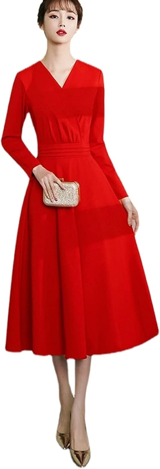 ロングドレス 演奏会 パーティードレス 大きいサイズ ピアノ 発表会 長袖 Vネック ミモレ丈 ファスナー ブラウスワンピース Aラ