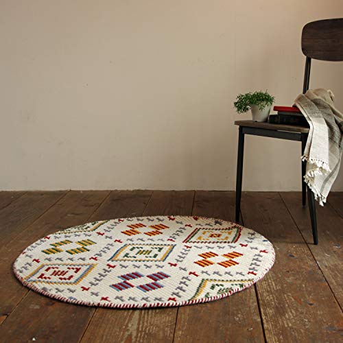 萩原 ラグ ホワイト 直径約90cm 「クームース ヤード」 ウール100% 羊毛 手織り ノルディック エスニック