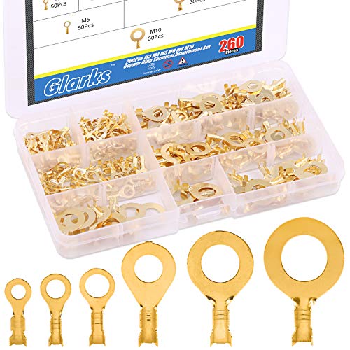 Glarks 260Pcs M3 M4 M5 M6 M8 M10 Copper Ring Terminal Assortment Set Non-Insulated Copper Ring Lugs Open Barrel Wire Crimp Connectors Kit