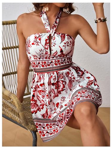 Image of Floerns Women's Floral Print Sleeveless Halter Neck Tie Back Summer A Line Dress