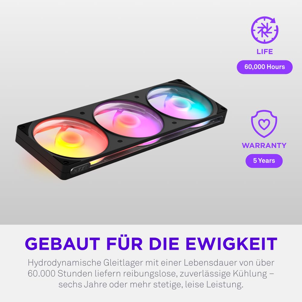NZXT F360 RGB Reverse - 360mm single-frame Reverse Lüfter - Schwarz | 360mm single-frame Einheit mit drei 120mm Reverse-Blade PWM RGB-Lüftern. Sauberer Airflow für Show-Side-Builds.