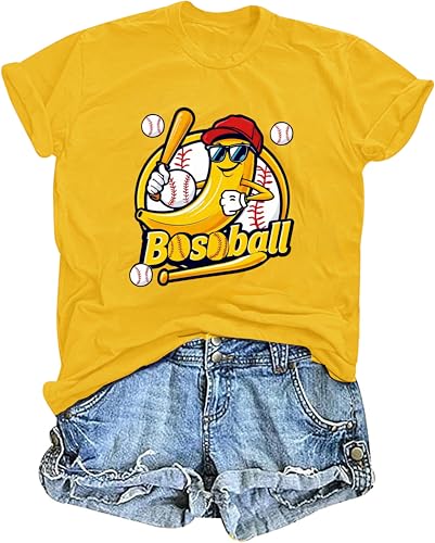 Baseball Shirts for Women Baseball Fan Shirt Game Day Player T-Shirt Funny Sport Team Fans Short Sleeve Tee Tops Yellow