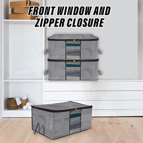 Image of Kuber Industries Non-Woven Underbed Storage Bag|Clothes Storage Organizer|Blanket Cover With Clear Window|Zipper Closure&Handle Cloth Organizer|Lining-Design|Large|Pack Of 4|Gray,32 Cm,48Cm,Black