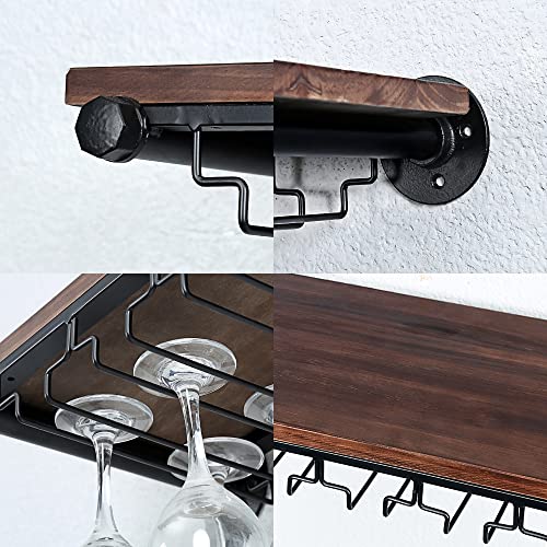Industrial Pipe Shelving Hanging Stemware Racks,Rustic Wall Mounted Wine Rack With 5 Glass Holder,24In Steampunk Iron Floating Bar Shelves,Metal Real Wood Shelf Wall Shelf Stemware Holder #TOP2