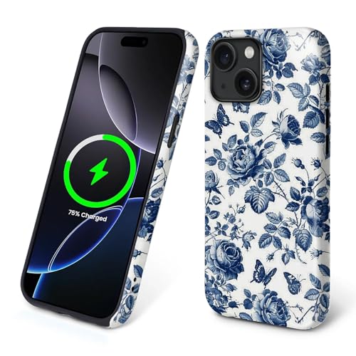 for iPhone 15 Plus Cases,Campatible with Magsafe,2-Layer Hard Shell + Silicone Cover - Shockproof Protection, Peony and Rose Sketch Art